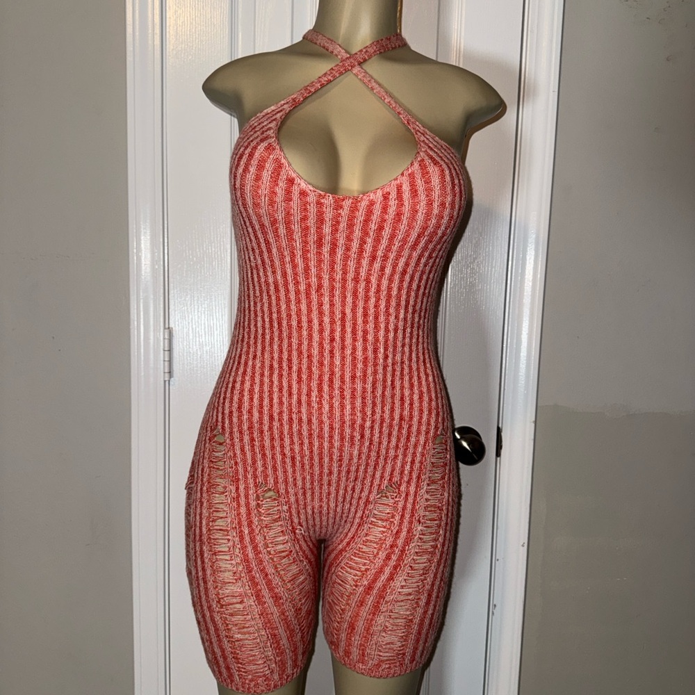 Women's Red Striped Halter Shorts Romper